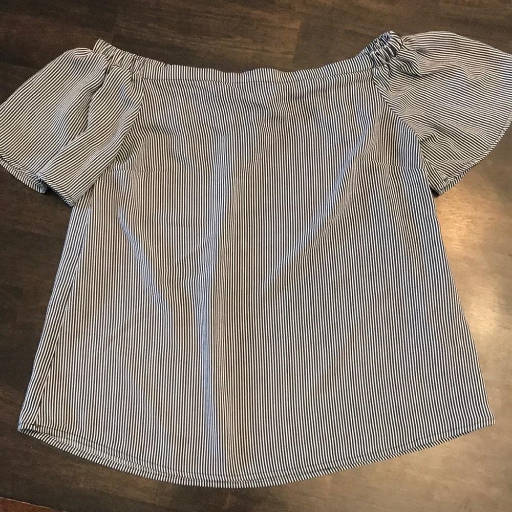 Navy and white striped off the shoulder shirt